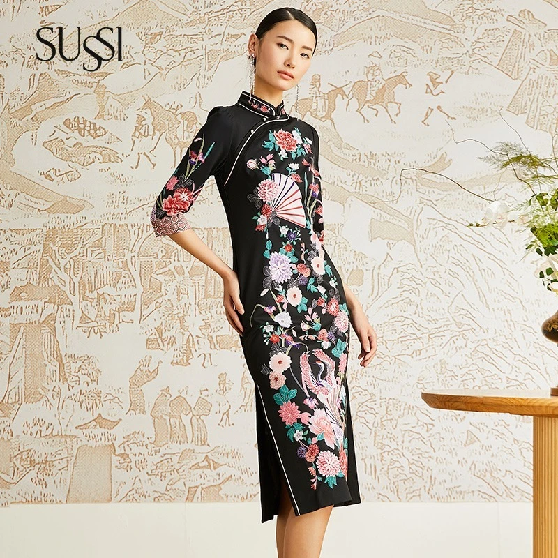 

Chinese very high-end classical print Qipao fish tail dress