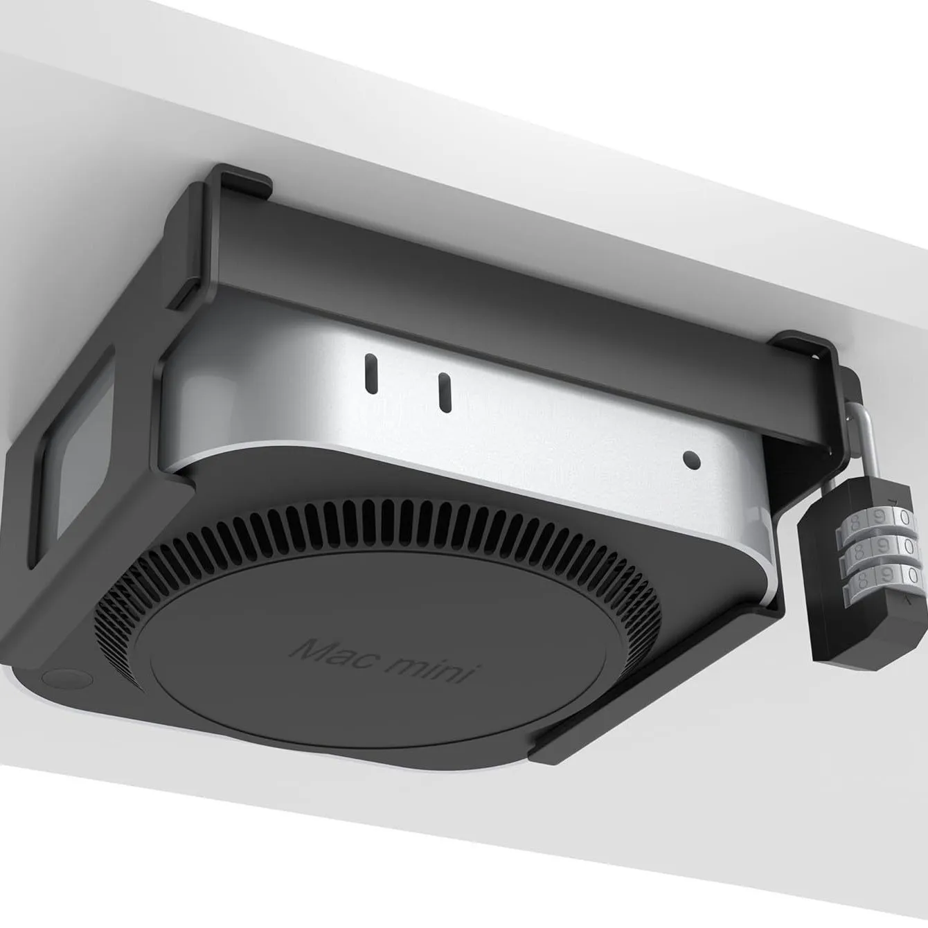 Фото Металлическое крепление под стол для Mac Mini M4/M4 Pro, кронштейн VESA с отверстием для антивандального замка, компактный скрытый держатель №1