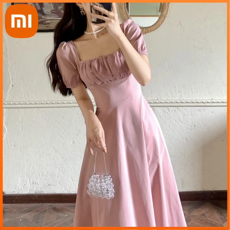 

Xiaomi Sweet Pure Collor Dress Women French Puffer Sleeve Vintage Elegant Midi Dress Female Casual One Piece Dress Korean Summer