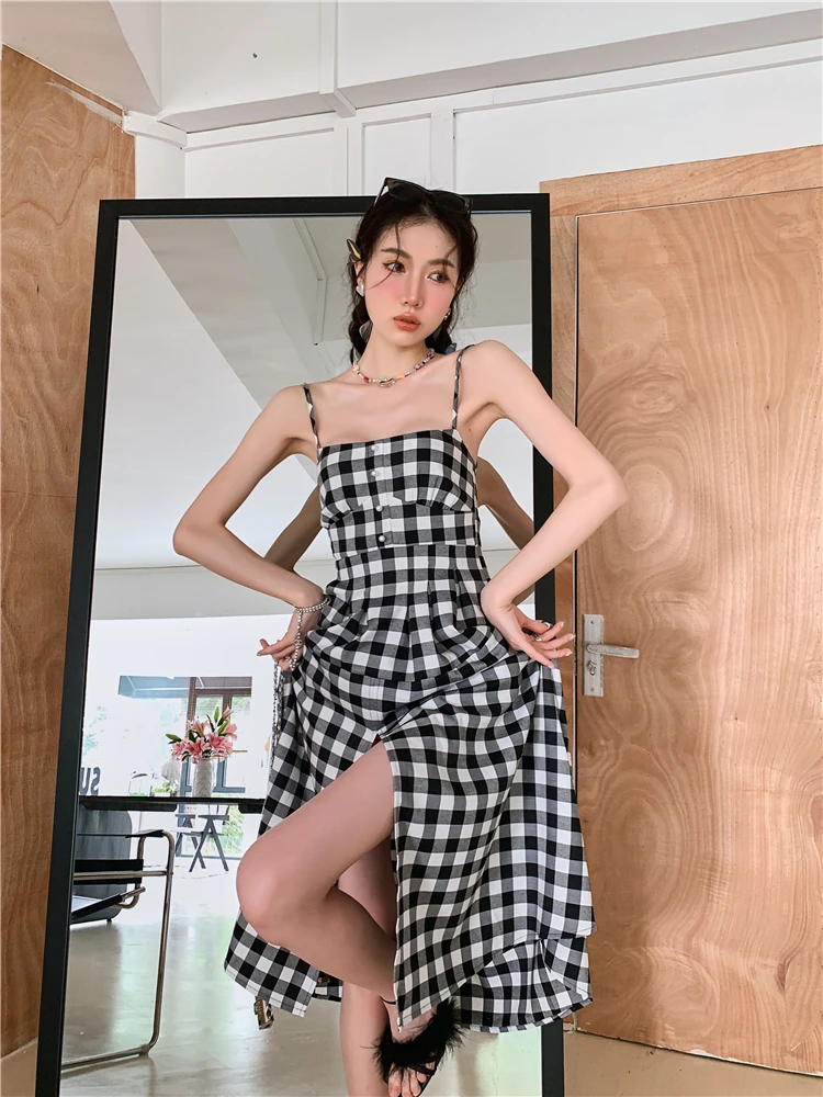 

DALMAZZO Summer Designer Black white Plaid Spaghetti Strap Split Long Dress Women Slash Neck Sleeveless Holiday Casual Vestidos