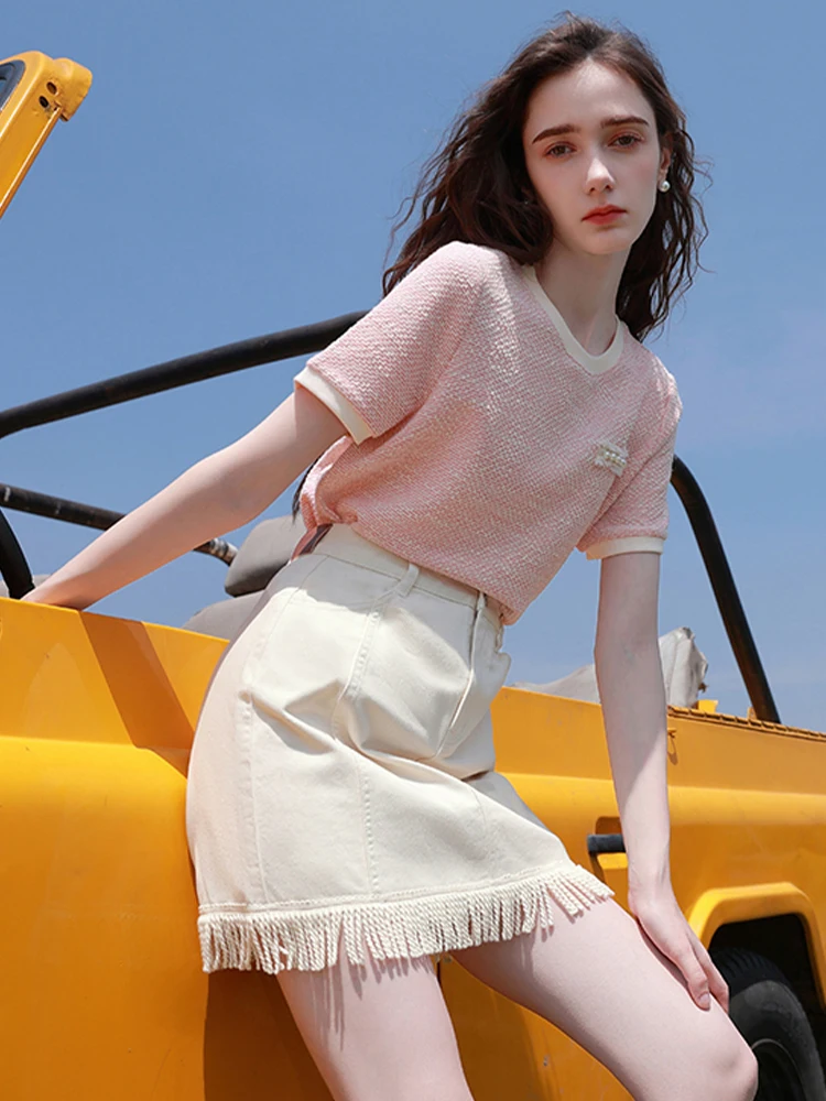 

Женская рубашка с коротким рукавом MOLAN, Повседневная Свободная рубашка розового цвета с рельефным вырезом на плечах, шикарный Топ для женщин на лето