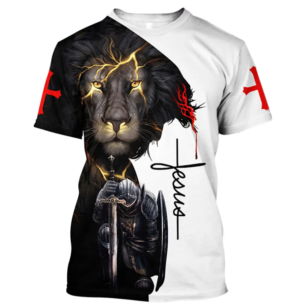 

God Religion Christ Jesus And Lion 3D Print Men T-shirts 0-Neck Short Sleeve Streetwear Loose Tops Tees Oversized T Shirts 6XL