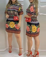 2022 summer womens round neck casual mini dress vintage short sleeve printed skirt