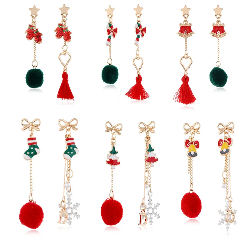 

New Christmas Earrings Christmas tree bell crutch long tassel Plush asymmetric silver needle Earrings