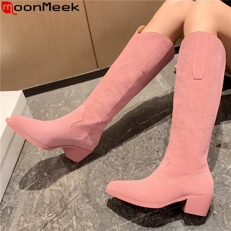 

MoonMeek 2023 New Cow Suede Leather Western Boots Women Fashion Female Slip On Knee High Boots Square Med Heels Winter Boots