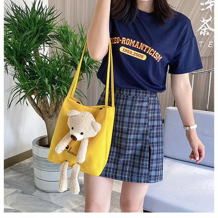 Personalised Tote Bag for Women, Girl Student Custom Your Name Canvas Shoulder Bag, Cute Bear Crossbody Hand Bags, Casual Tote
