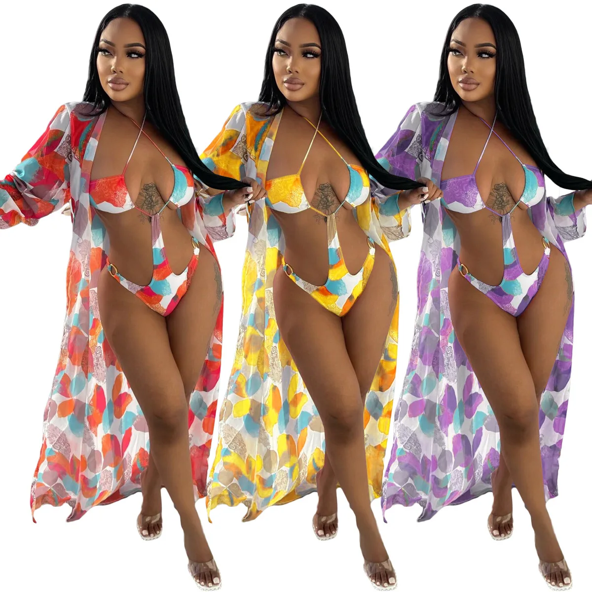

Print Bikinis Swimsuit Two Piece Sets Women Summer Swimwear Outfit Female Bandage Bathing Suits Bikini Cardigan 2 Piece Set