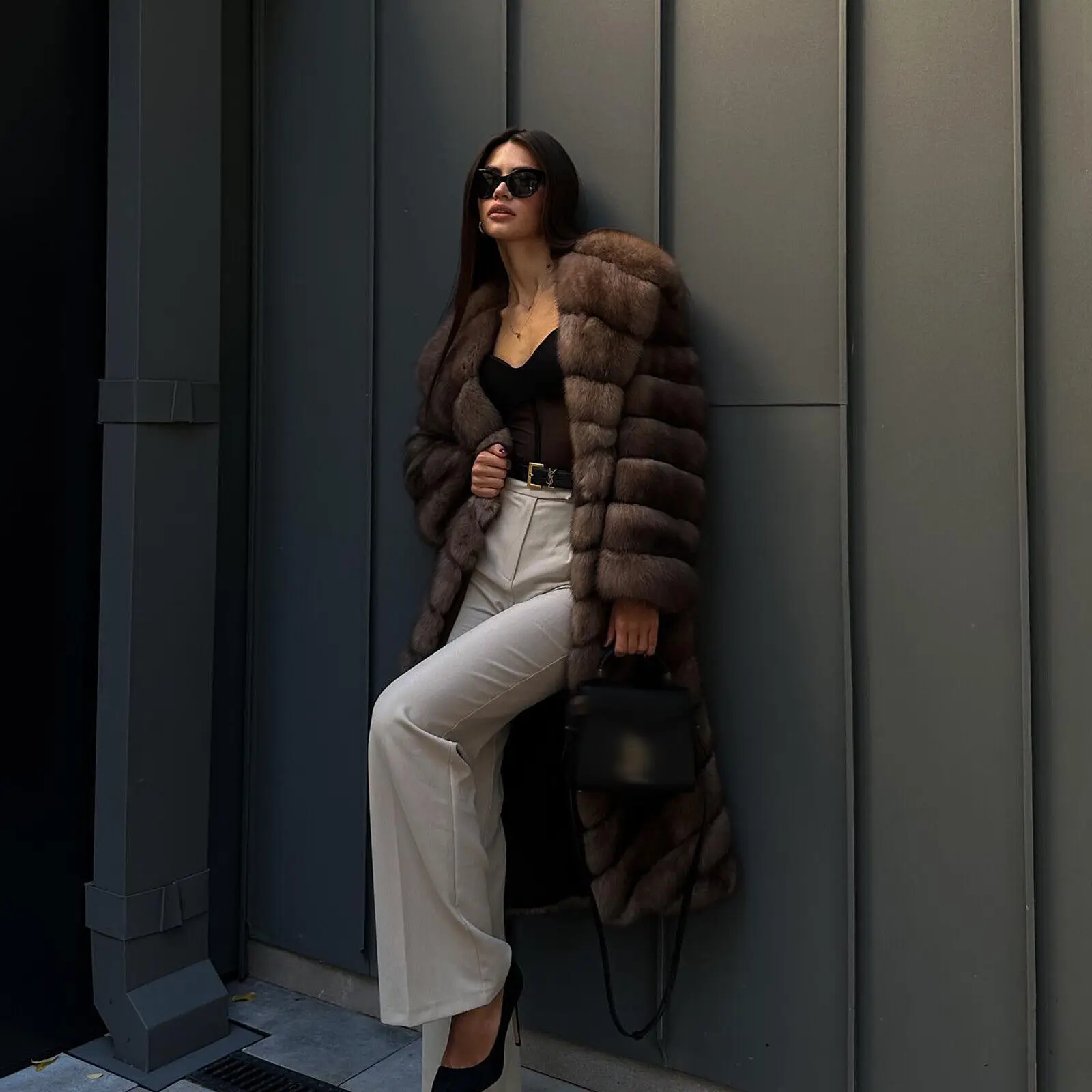 Женская мода собольного цвета пальто из натурального лисьего меха зимняя