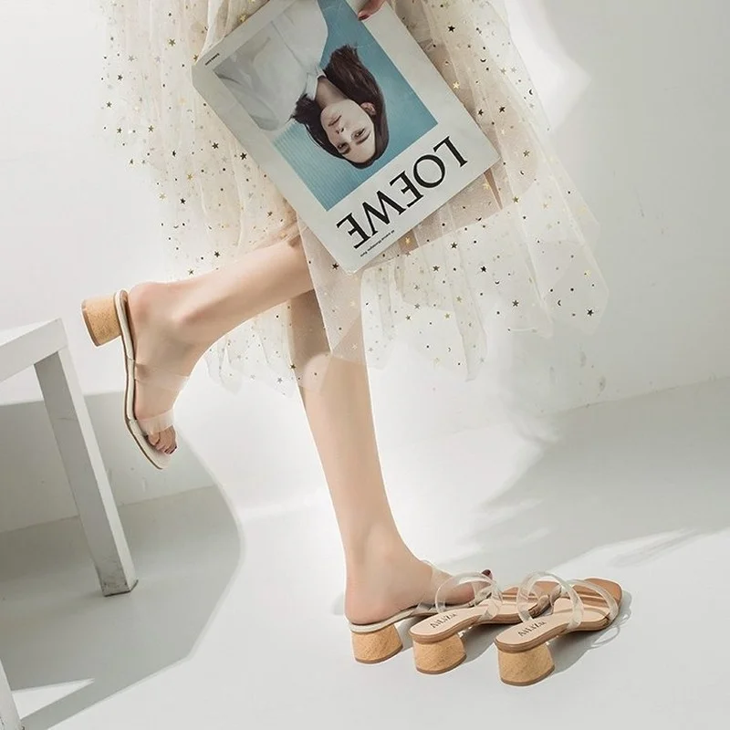 slippers women's summer 2022 new wear fashion one-word high-heeled mid-heeled thick heel Korean women's slippers slides women