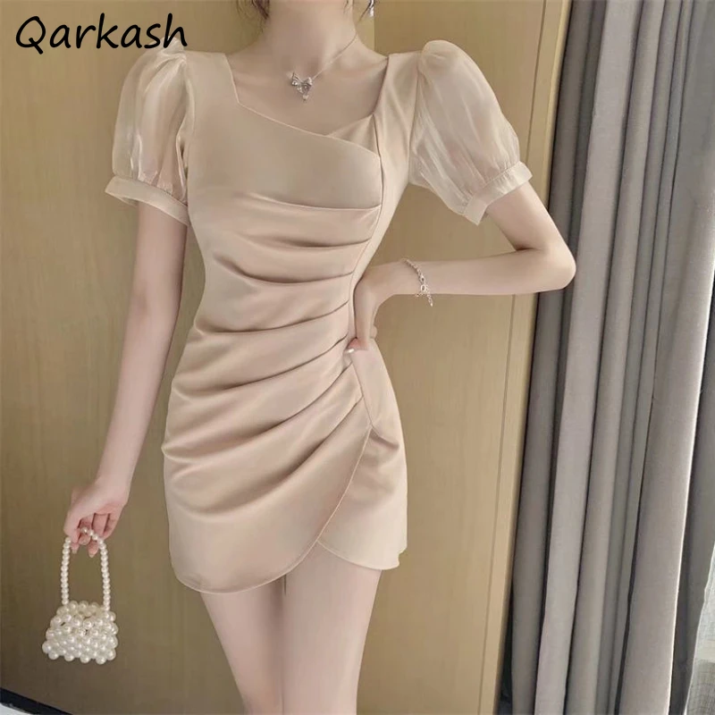 

Short Sleeve Dresses Women Elegant Gauze Design Sexy Empire Solid Females Платье Женское Party Summer Trendy Leisure Sweet Chic