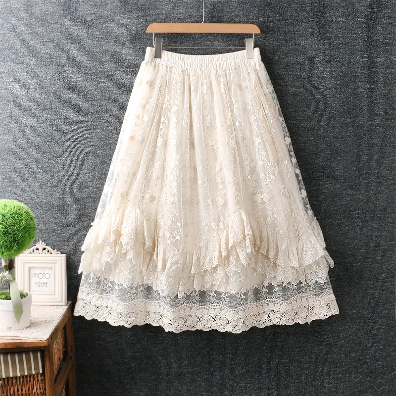

Summer Sweet Solid Embroidered Cotton Lace Skirt Women Lolita Layers Elastic Waist Skirts23186-23206