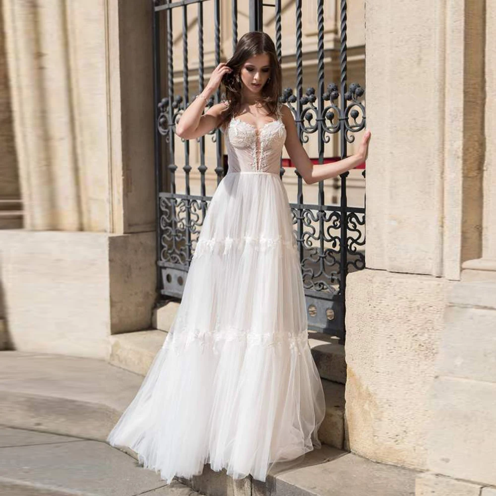 

Floor Length Puffy Wedding Dresses for Women 2023 Bride Tulle Illusion Lace Appliques Boho Bridal Custom Made Vestidos De Novia