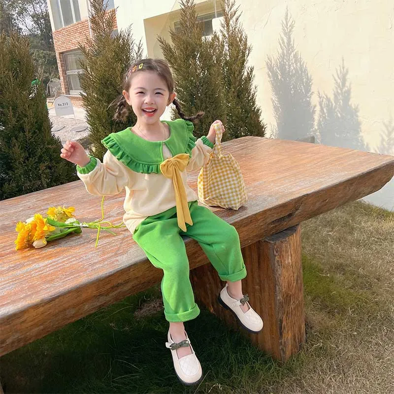 Criscky 2022 Spring Autumn Children Girl 2PCS Clothing Set Bowknot Ruffles Cotton Shirts Loose Pants Baby Girl Clothes Suit