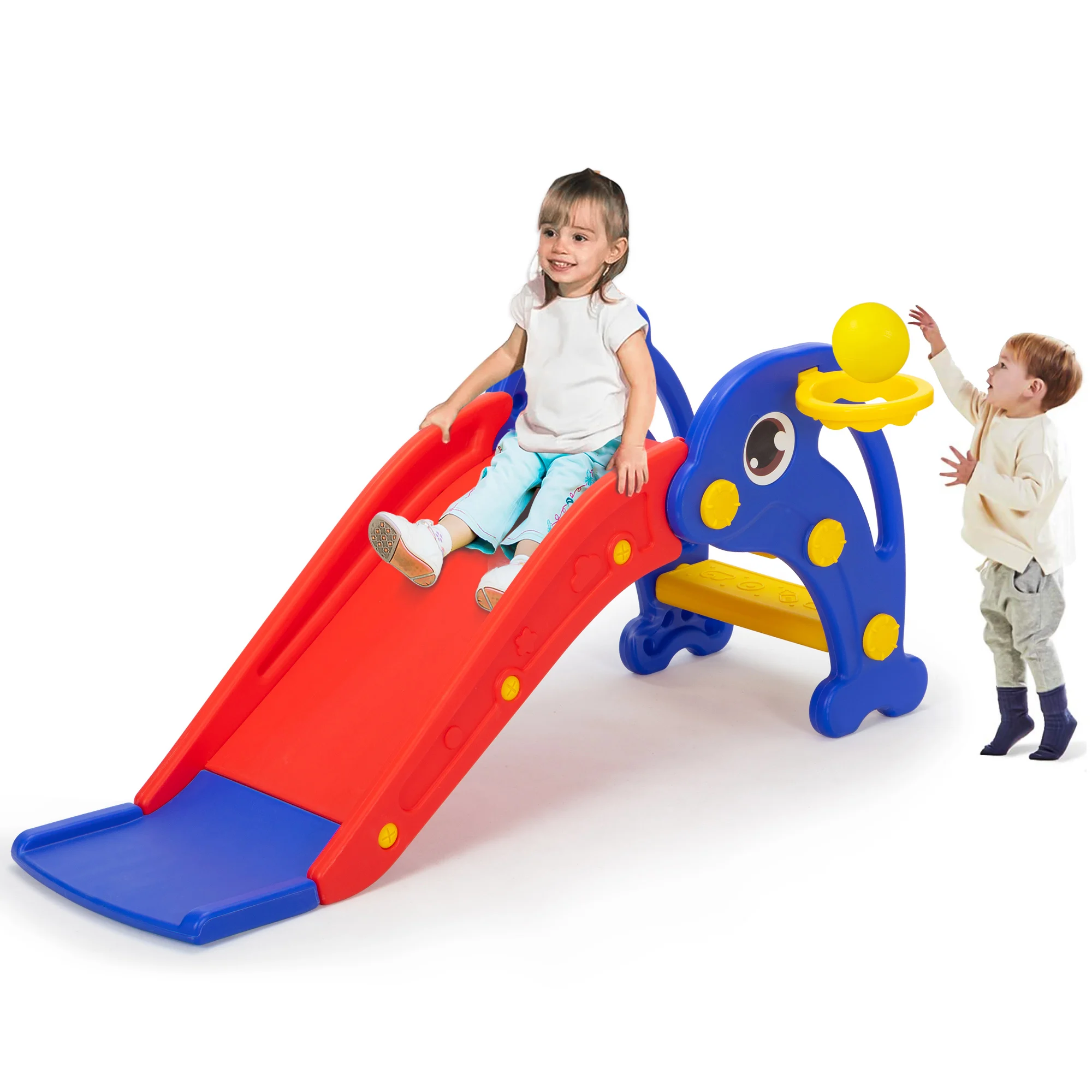 

[US STOCK] Toddler Slide, Dolphin Play Slide for Outdoor, Freestanding Climber Playset with Basketball Hoop, Ball and Ladder