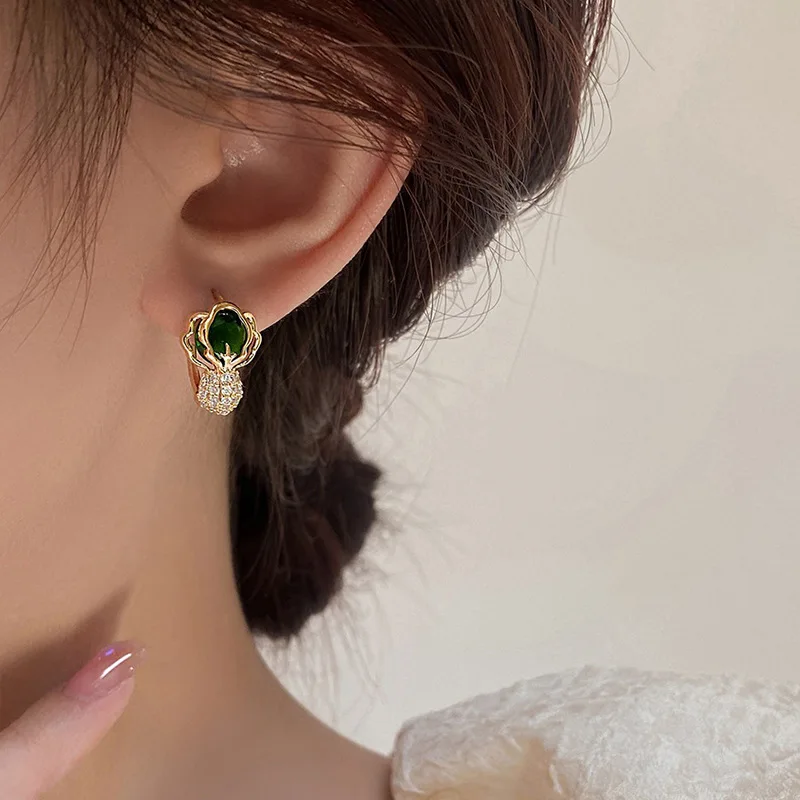 Cute Cabbage Vegetable Enamle Hoop Stud Earrings for Women Fashion Crystal Dangle Drop Wedding Party Travel Jewelry Fancy Gift