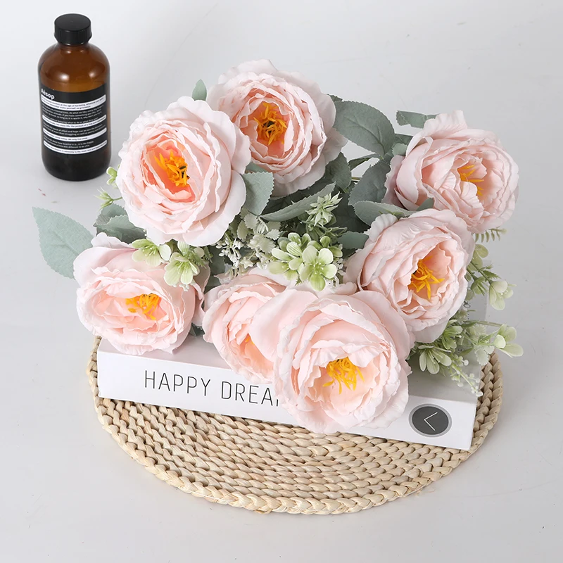 

Simulation Green Plant Artificial Rose Peony Silk Bouquet Wedding Bride Holding Flower Valentine's Day Gift Home Garden Decor