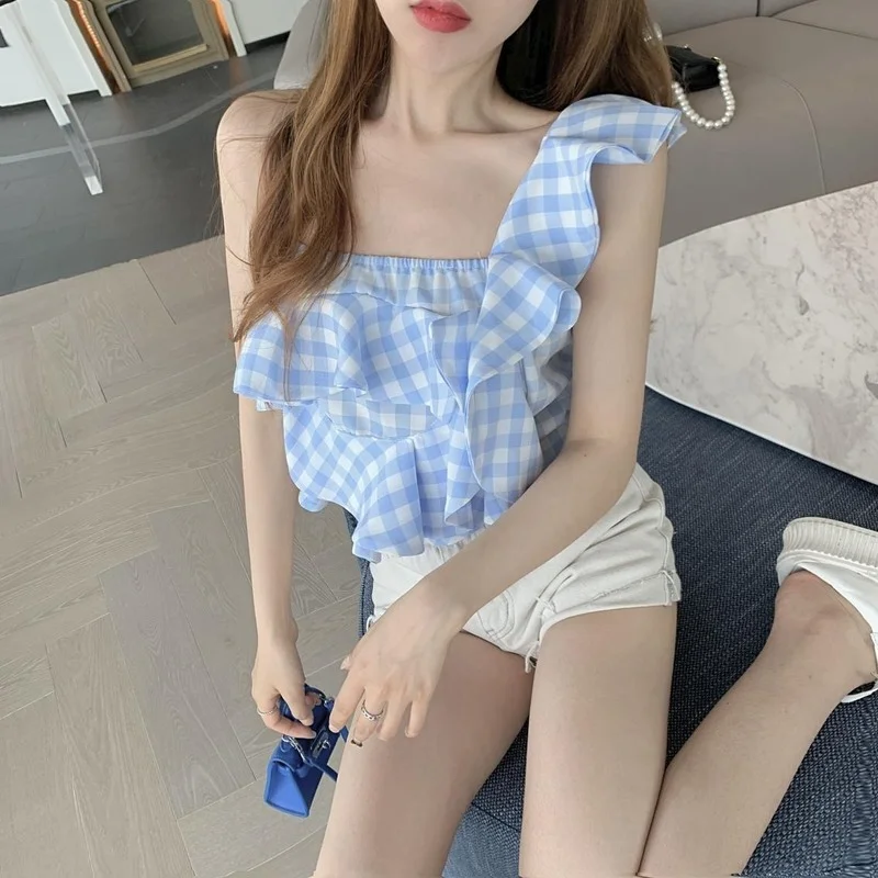 

Women's Single-shoulder Sleeveless Casual Plaid Off-shoulder Ruffled Ladies Vest Irregular Tube Off-shoulder Ruffled Crop Top