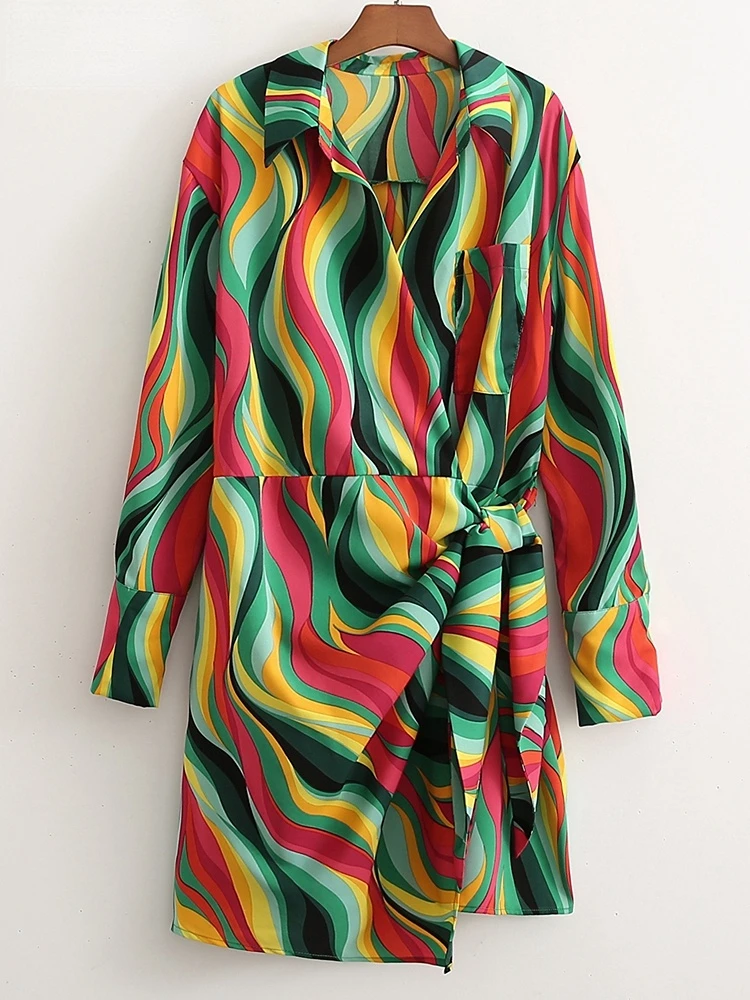 

2022 Fashion Print Short Shirt Dress with Slash Long Sleeve French Style Ladies Vintage 1D417 Undefined Color Tassel Element