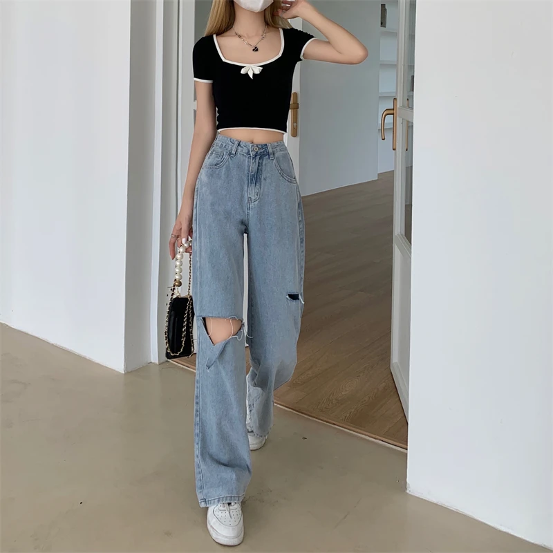 N0945   Ripped jeans women's new loose high waist wide leg all-match thin straight pants jeans