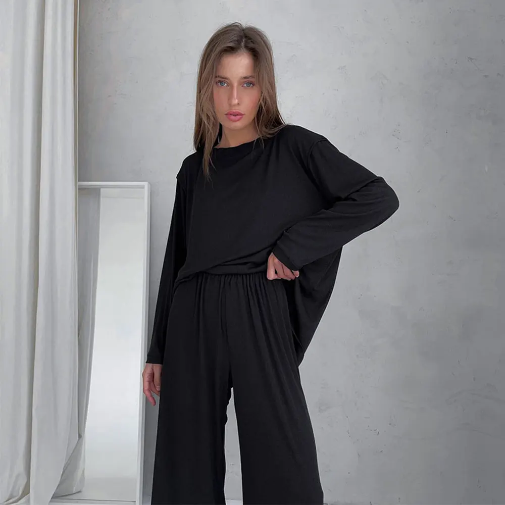 Women Spring Autumn Fashion Pajama Set Round Collar Knit Solid Color Loose Simple Outside Wear Home Clothing