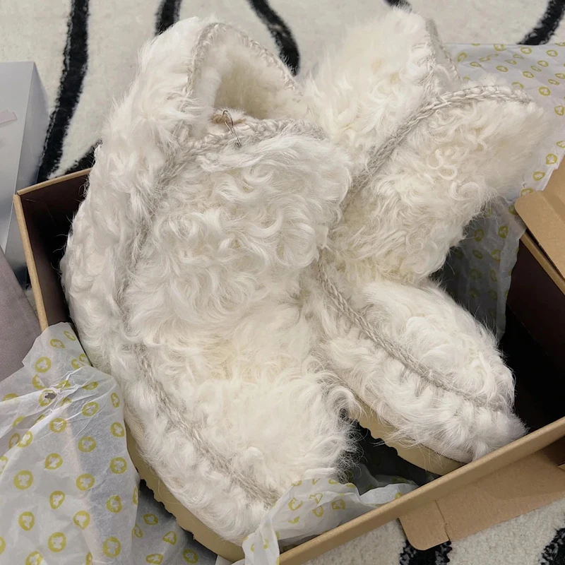 

Women Designer Winter White Boots Fur Ladies Snow Platform Boots Real Sheepskin Wool Low-cut Warm Fleece Ankle Shoes Short Boots