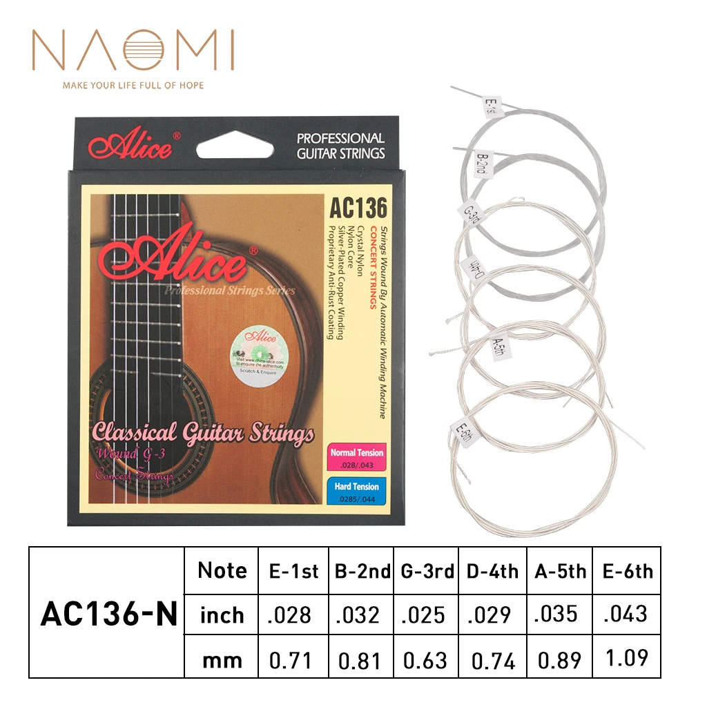 

NAOMI 1 Set of Alice AC136-N/H Classical Guitar Strings Crystal Nylon Strings Silver-Plated Copper Wound 6 Strings