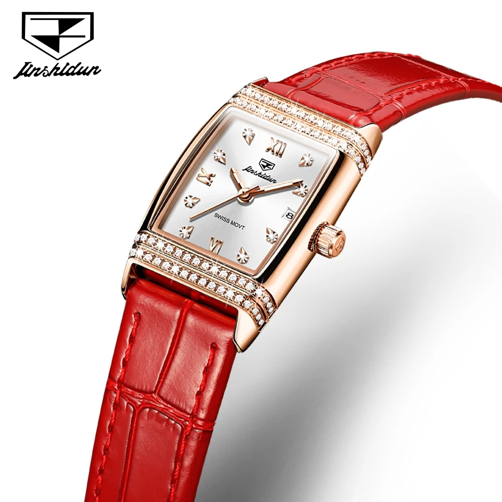 

JSDUN Luxury Diamond Rose Gold Quartz Watch For Women Leather Strap Swiss Movement Fashion Square Wristwatches reloj mujer