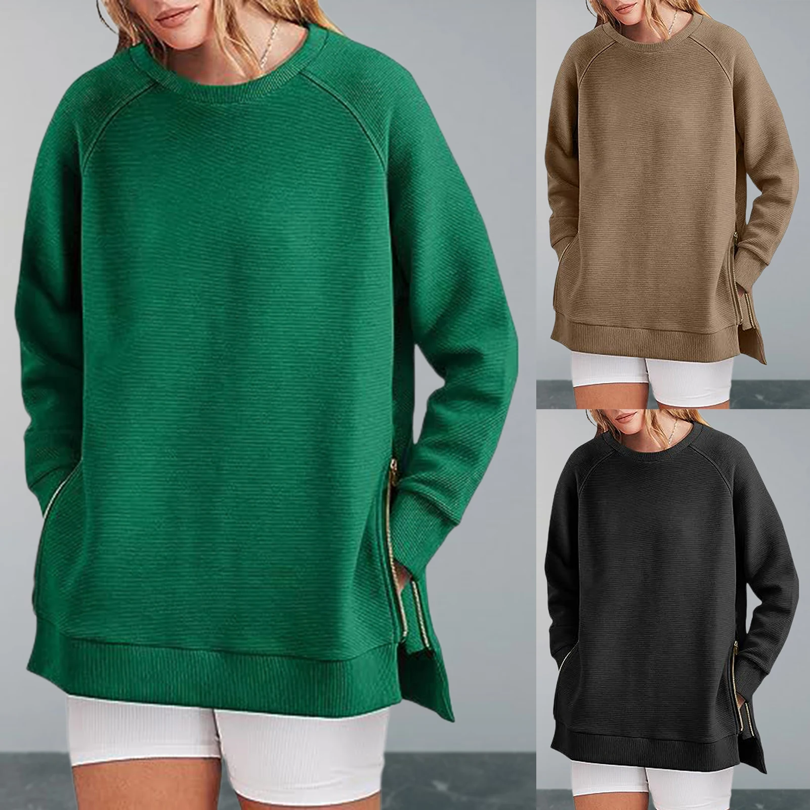 

Women Classical Casual Loose Long Sleeve Chic Side Split Leisure Tops Cotton Blended Crew Neck Pullover Side Slit Outdoor Wear