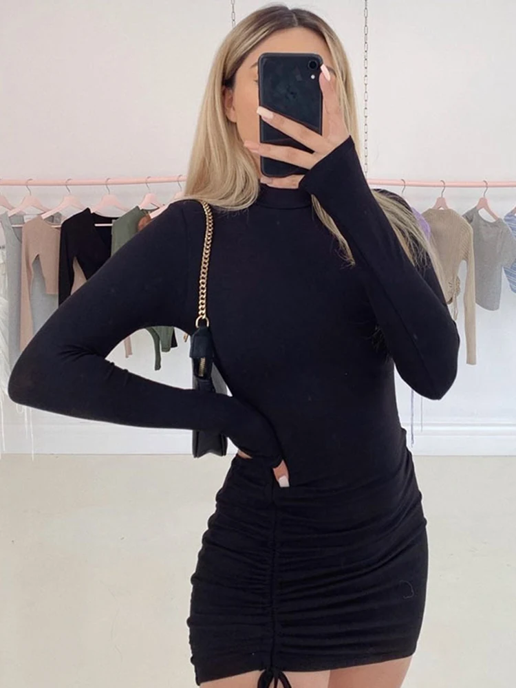 

Long Sleeve Ruched Bodycon Dress Women Turtleneck Bandage Mini Dresses Autumn Black Skinny Stretchy Party Vestidos