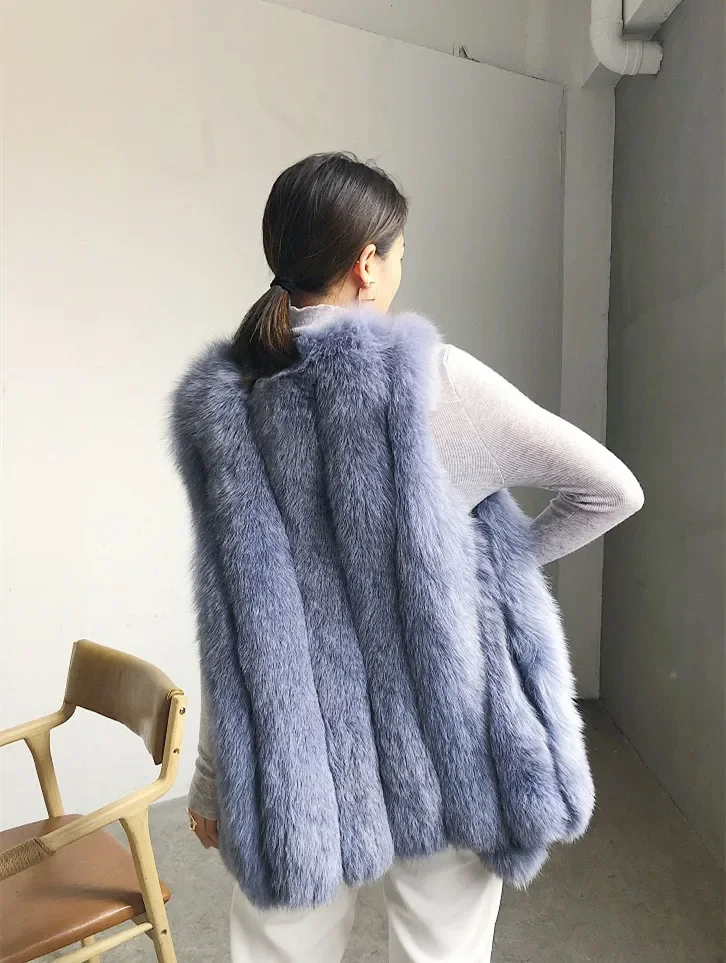 Мягкий и густой жилет из натурального лисьего меха для женщин модный длинный