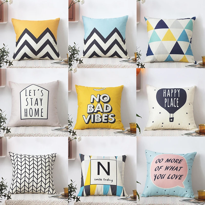 45x45cm Yellow Geometric Print Pillowcase Custom Linen Stripe Patchwork Cushion Cover Waist Throw Pillow Case Sofa Home Decor - купить по