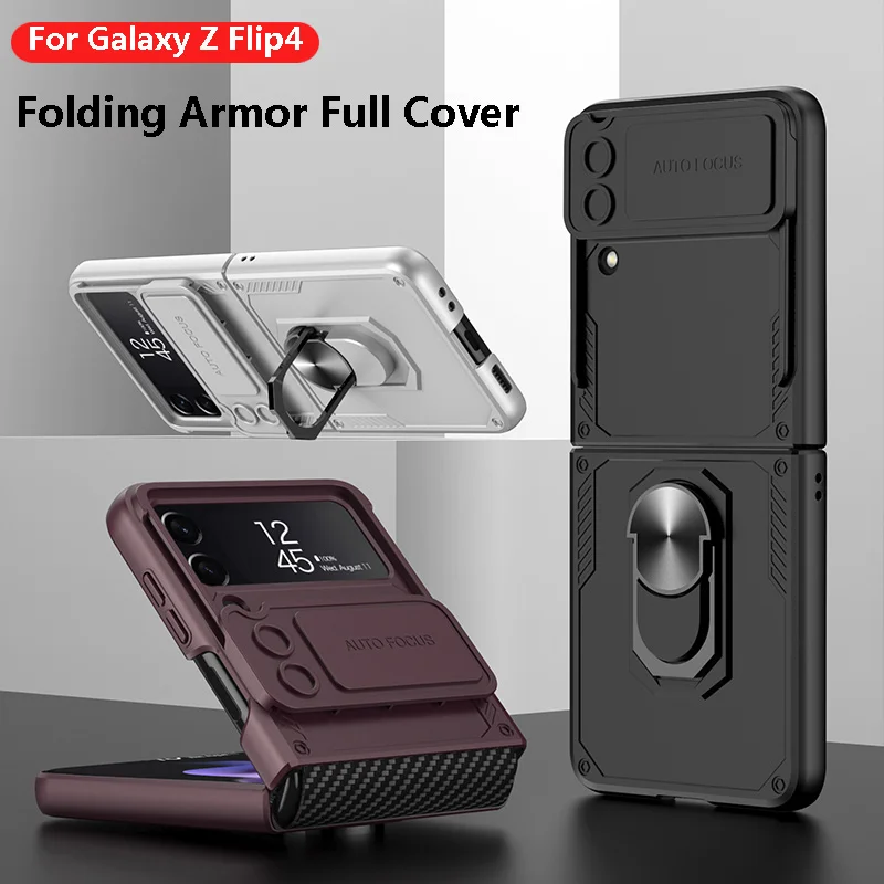 

Ring Bracket Armor PC Case For Samsung Galaxy Z Flip 4 5G Phone Case Slide Rail Lens Protection folding hard funda for flip4