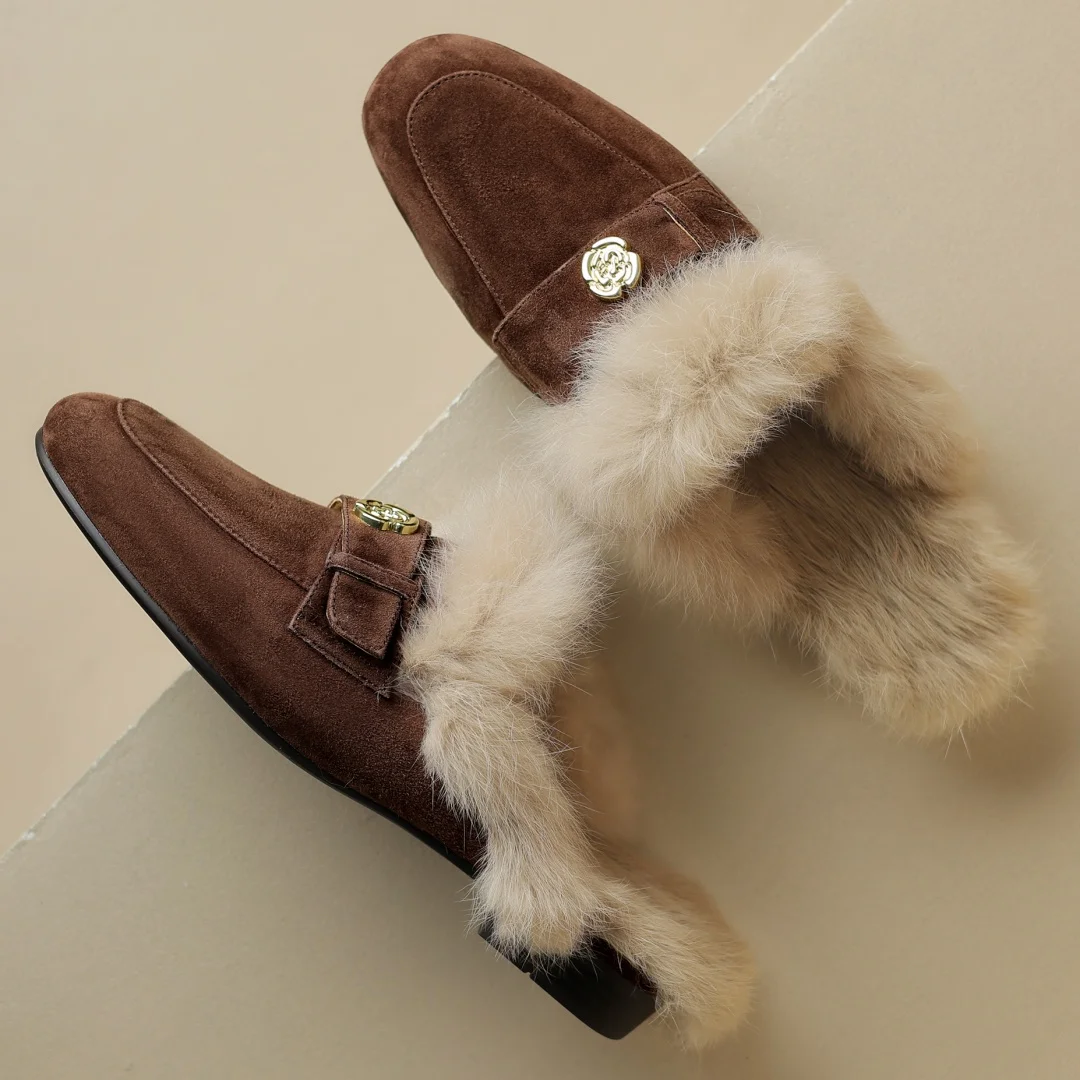 Женские зимние туфли без шнуровки из натуральной замши с квадратным носком и