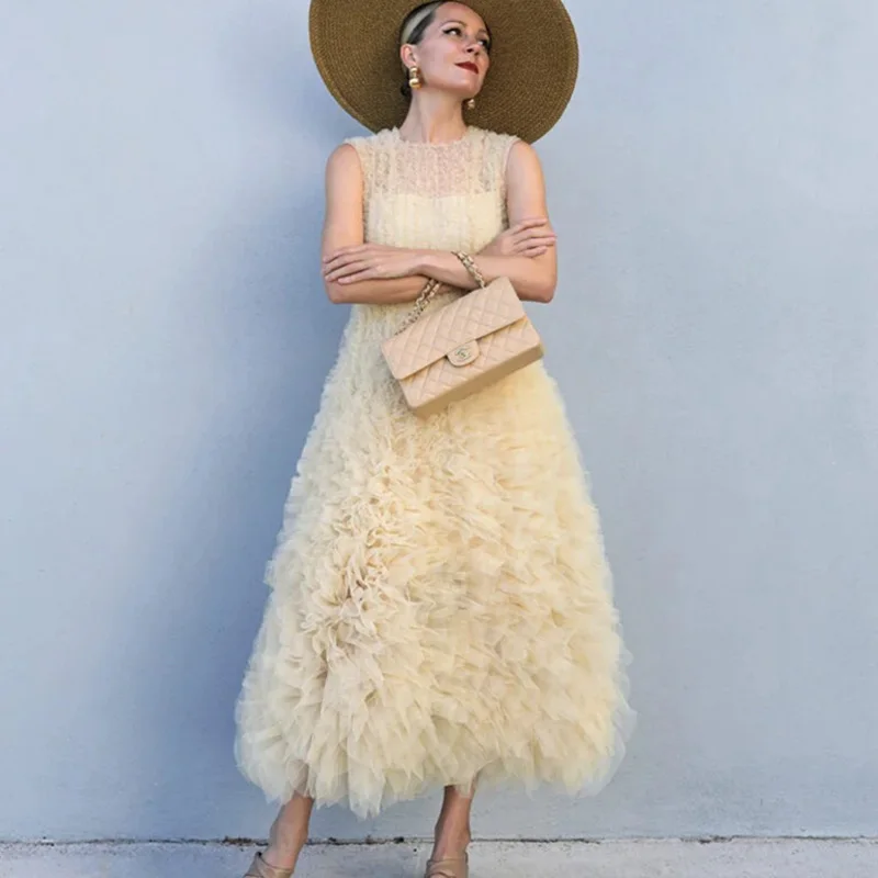 

O-neck Tulle Dress A-line Ruffled Midi Dress Sleeve Elegant Woman Clothes Layered Ankle Length Prom Dresses For Women Customized