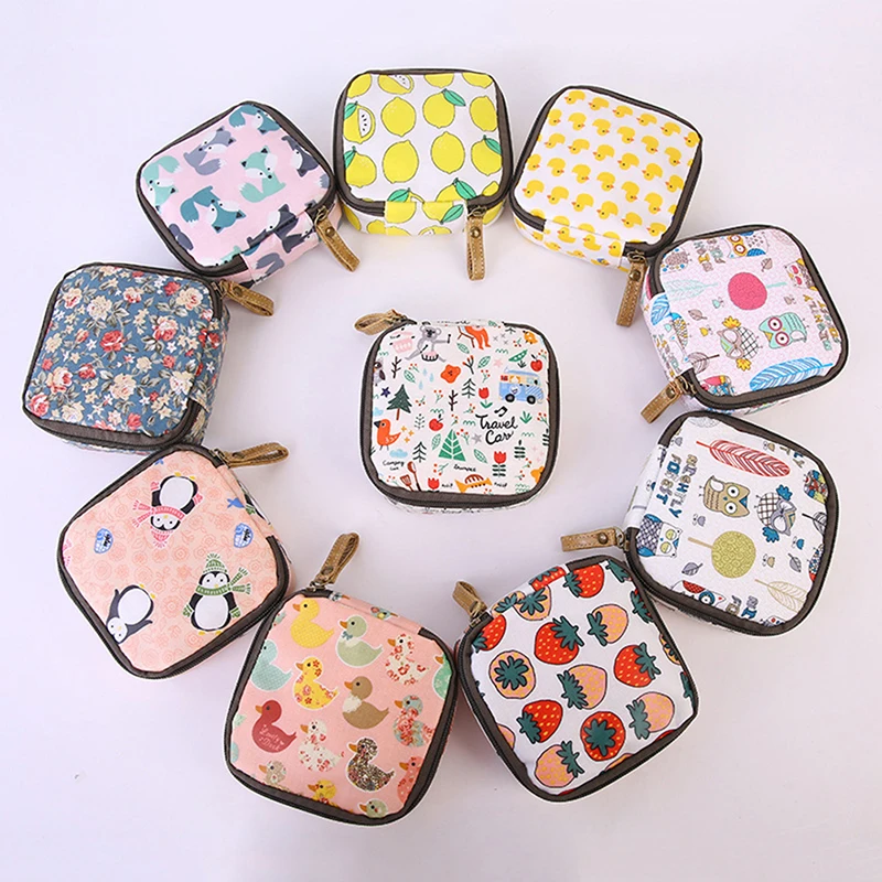

Cartoon Style Women Tampon Storage Bag Penguin Strawberry Flower Pattern Pouch