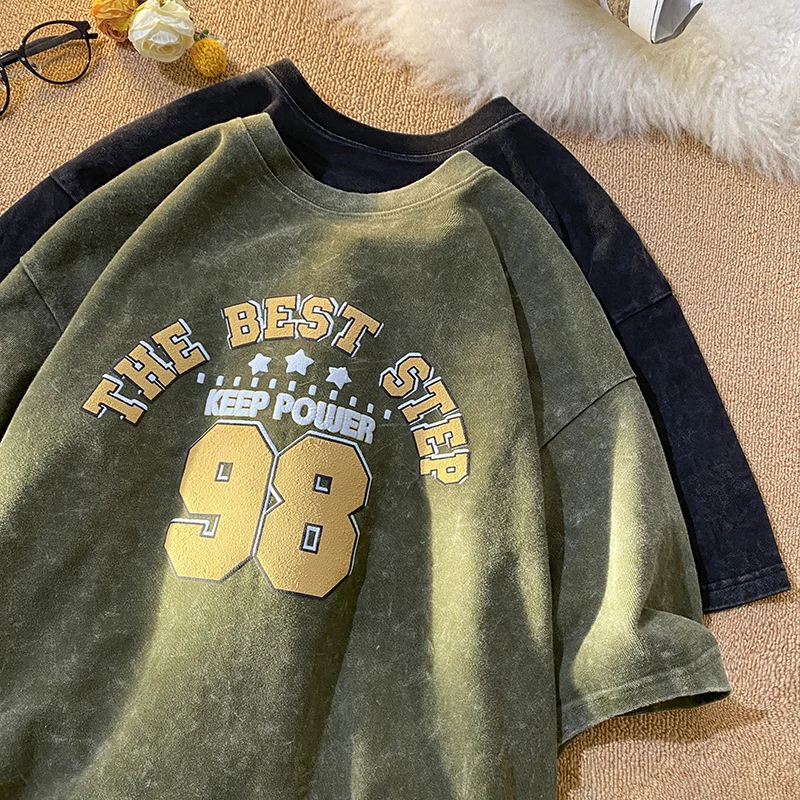 

Privathinker Men's Loose Drop Should T-shirt Vintage Acid Wahed American Style Clothing Foaming Print Short Sleeve Male Top Tees