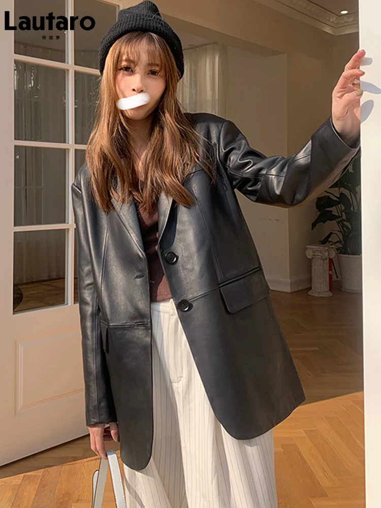 Lautaro весна осень свободный крой черный мягкий пиджак из искусственной кожи