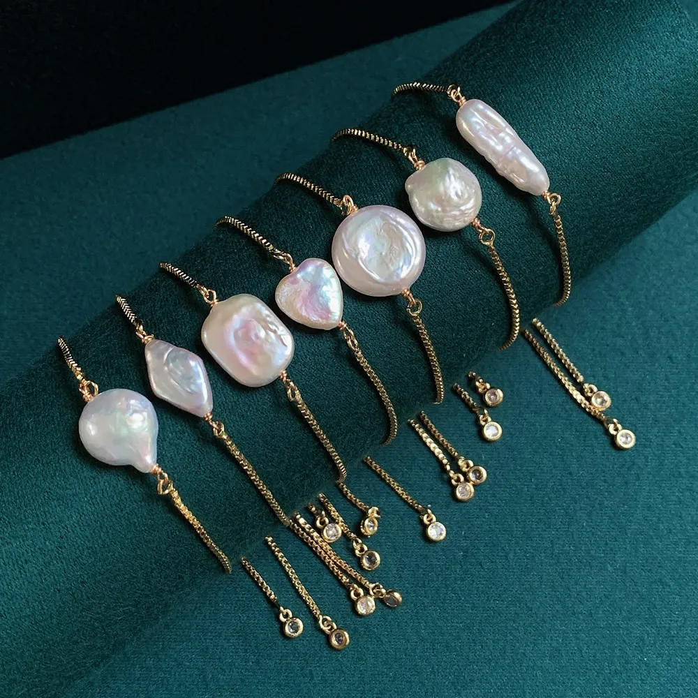 Корейский браслет из натурального пресноводного жемчуга для женщин, регулируемая цепочка, нестандартный барокко, квадратный, сердце, монета, жемчуг, амулетные браслеты