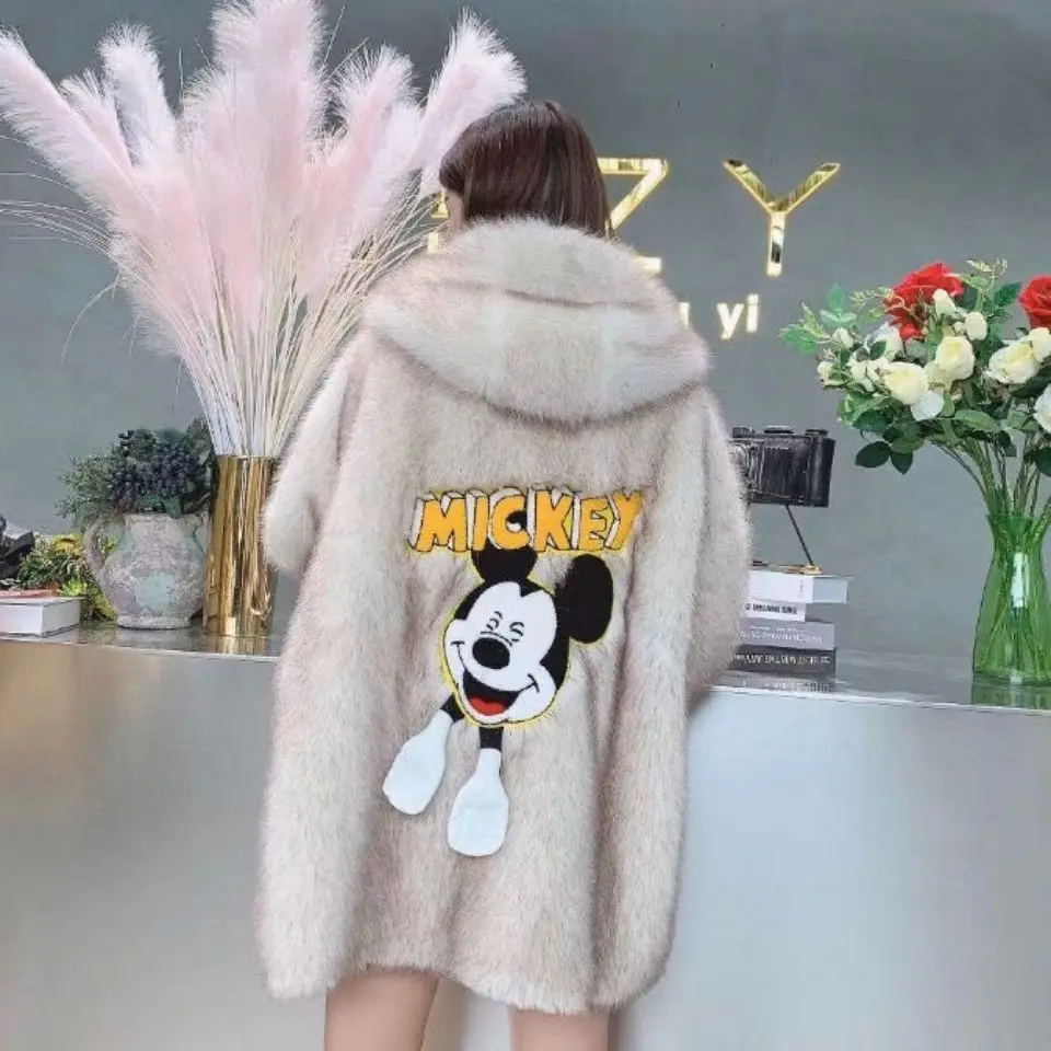 

Disney Mickey Mouse Female Winter Women's Parkas Coats Real Fur Thick Section Girl Warm Winter Jackets Snow Coat Jacket