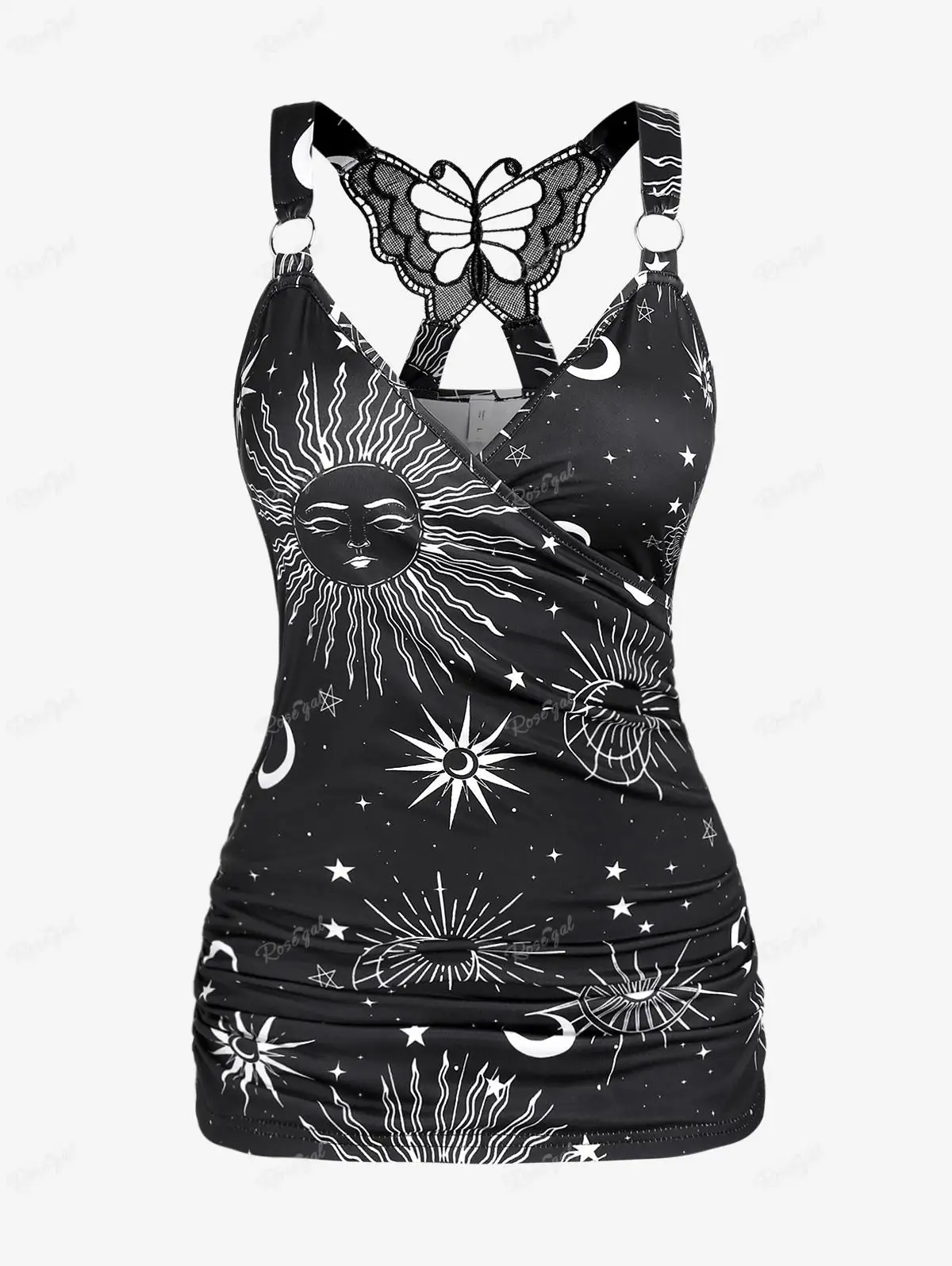 

ROSEGAL Plus Size Surplice Ruched Vest Black Camis Top Hollow Out Butterfly Crisscross Sun Moon Star Print Tanks