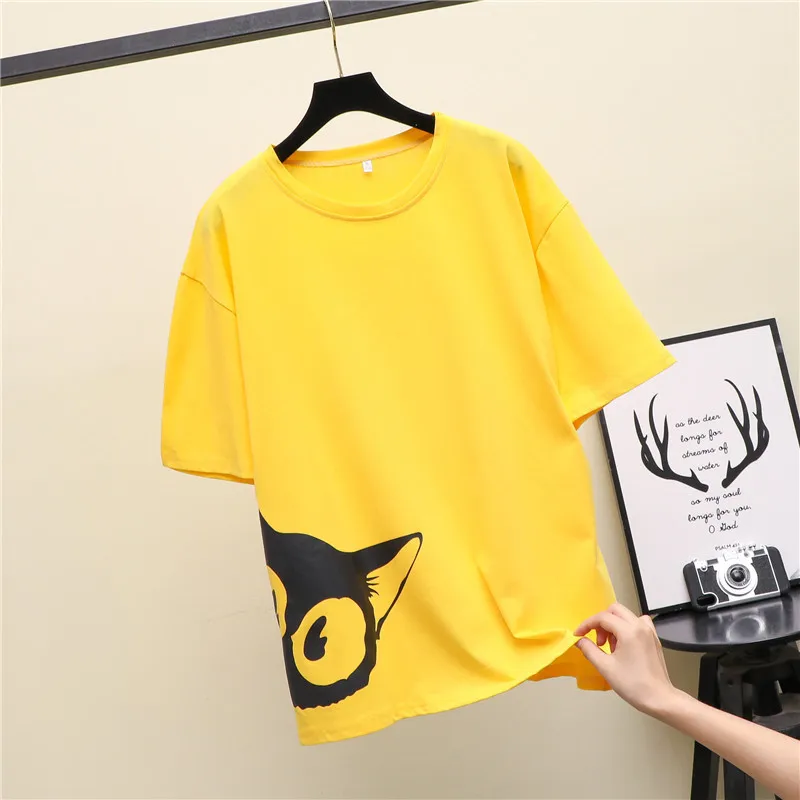 

Korean version of hip-hop short-sleeved T-shirt kitten print couple loose bottom shirt Black
