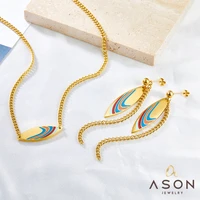 asonsteel gold color stainless steel oval mixed color ribbon earrings necklace trendy jewelry set for women party daily wear