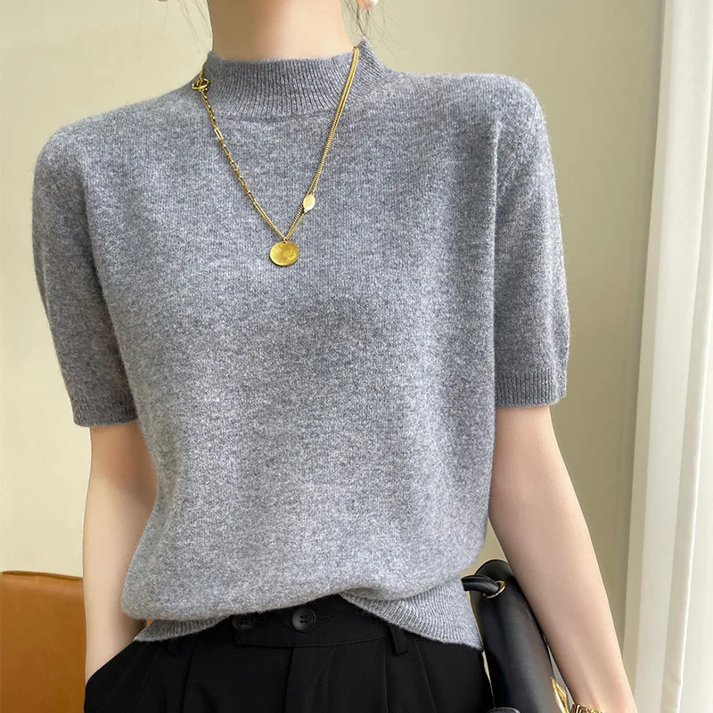 

2023 Summer casual short sleeve high neck solid color T-shirt gray