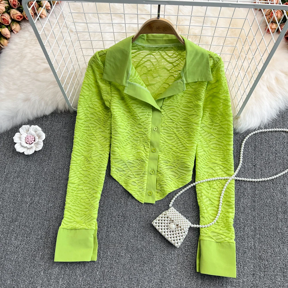 

Spring French Fashion Long Sleeve Senior Sense of Irregular Slim Lace Shirt Chic Chic Short Style Jacket