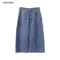 saythen 2022 spring womens design sense small split split washed blue leisure denim patchwork a line skirt st22162