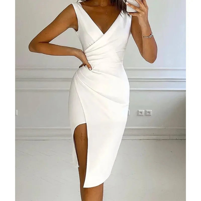 

2022 Spring Summer New Sexy V-neck Women Long Dress Knee Length Sleeveless Split Dress Solid Color Evening Party