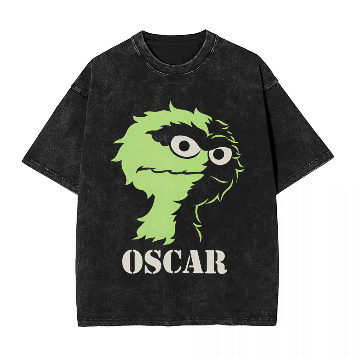 Harajuku 100% Cotton Oversized Tshirt Men Short Sleeve Tees SESAMES STREETS Oscar Summer Loose Washed Tops T-Shirt