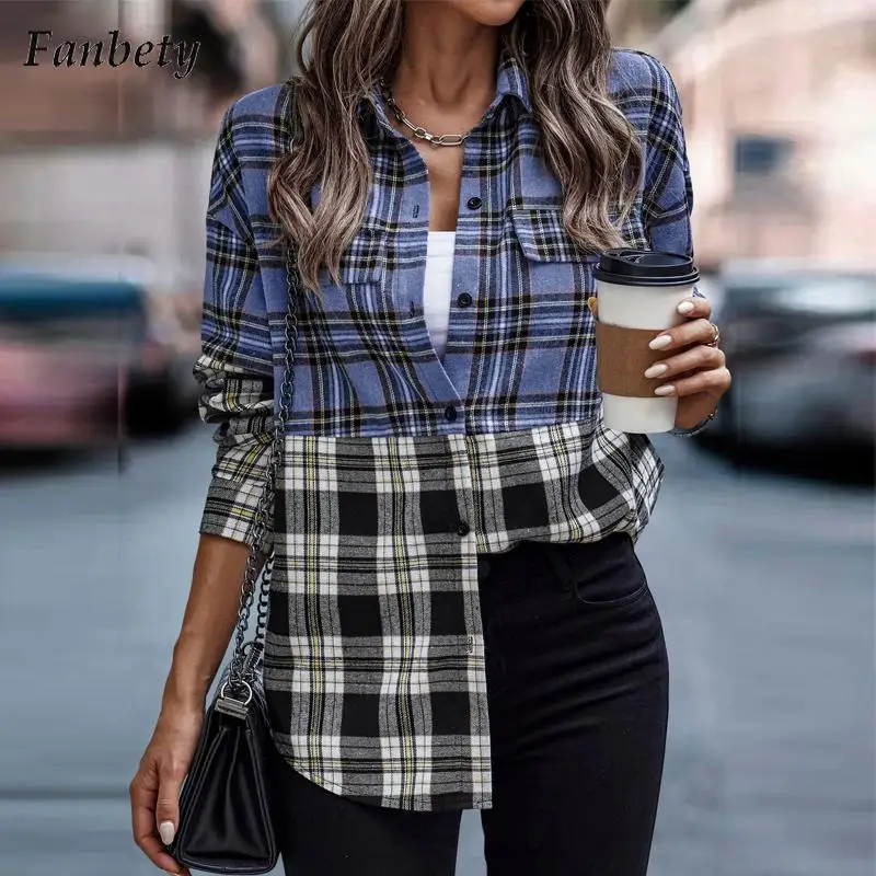 

Women Vintage Plaid Print Blouse Shirts 2022 Autumn Casual Turn-down Collar Office Top Ladies Fashion Long Sleeve Button Blusa