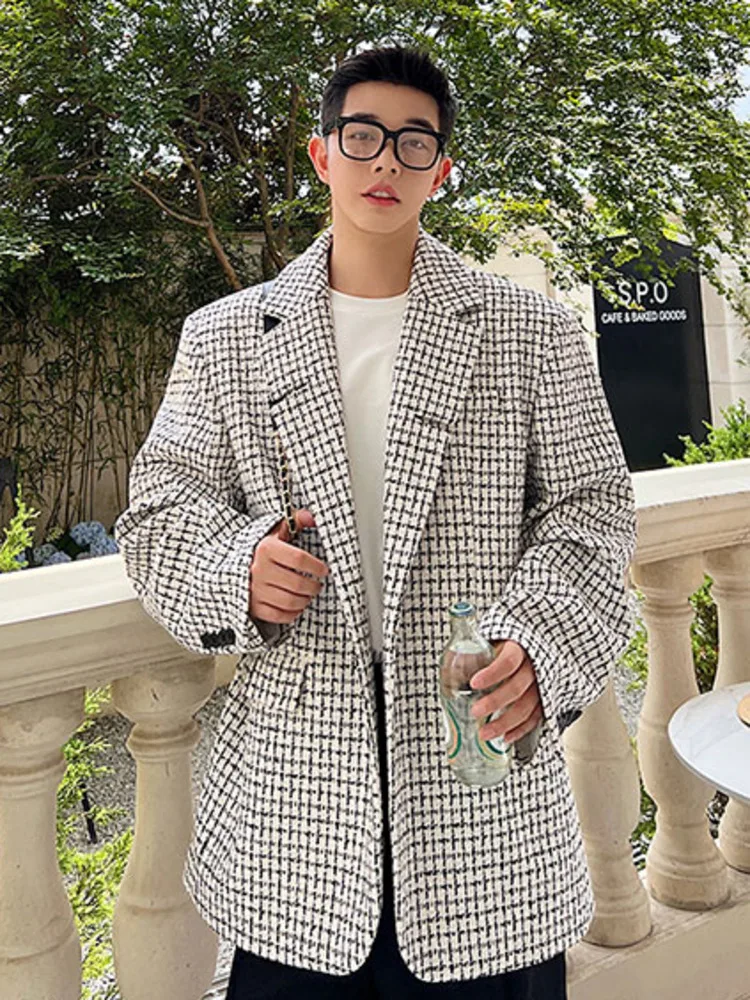 

SYUHGFA Men's Wear Korean Streetwear Fashion Plaid Suit For Men 2022 Autumn New Loose Simple Long Sleeve Shoulder Pads Blazers