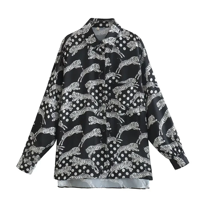 

Women 2022 Autumn Fashion Animal-Print Silk-Satin Blouse Vintage Long Sleeve Button Up Female Shirts Blusas Chic Top 7371